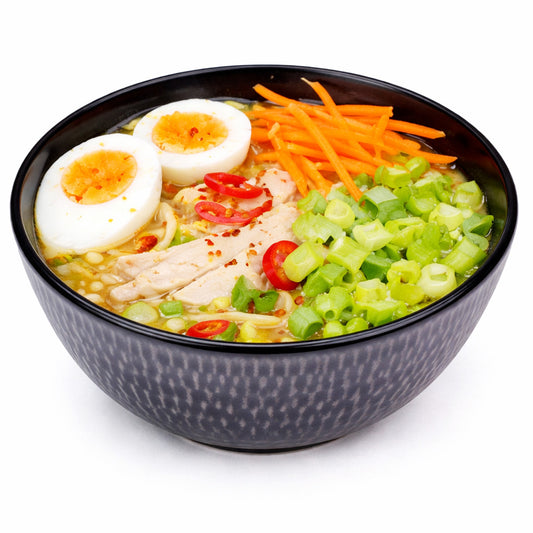 Chicken ramen noodle bowl with tender chicken and rich broth